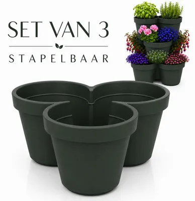 Produktbild von Benza – Stapelbares Blumentopf-Set (3-teilig) – Ø 44 x 20 cm – 9 Pflanzfächer – Dunkelgrün – 90 % recyceltes Material, KI-generiertes Bild