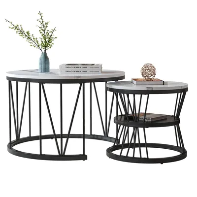 Produktbild von CDGlobal Couchtisch 2er Set Satztisch Runder Beistelltisch mit Marmormuster, Kaffeetisch Wohnzimmertisch Industrial Sofatisch, 1,5 cm Platte, Weiß