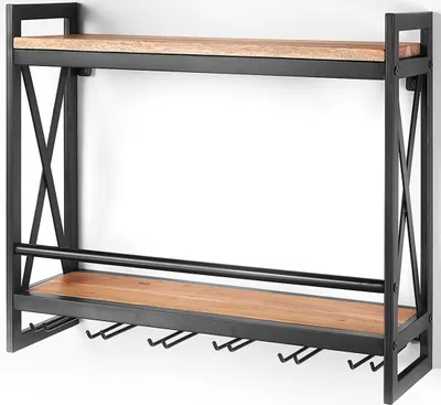 Zdjęcie produktu dla Stojak ścienny na wino Kobolo - ACOLON - wykonany z metalu i drewna mango 60x20x54 - uchwyt na butelki - wiszący stojak barowy stojak na butelki stojak na butelki na wino