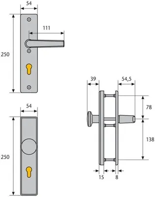 Technical drawings and dimensions of a door handle set.
