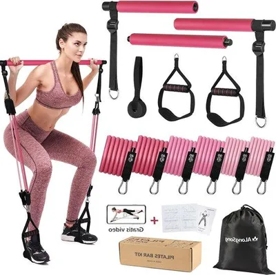 Produktbild von Famanu Pilates Bar Set mit 6 elastischen Widerstandsbändern 180lbs/250lbs - Tragbare Fitnessausrüstung für Zuhause