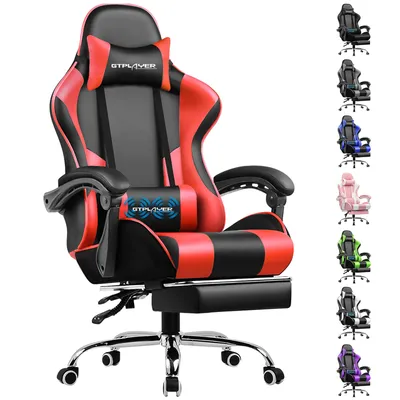 A red and black gaming chair with a footrest is shown from the front-left, with several other gaming chairs in different colors displayed in a vertical arrangement to the right.