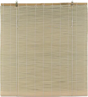 A close-up, front-facing view of a natural bamboo roller blind hanging vertically.