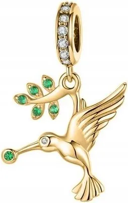 Productafbeelding van Gouden kolibrie-bedel, groen zirconium, hangend, zilver 925