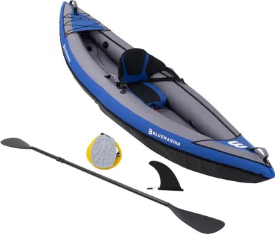 Produktbild von Bluemarina Kajak Samoa | aufblasbar - 1-Sitzer Aufblaskajak - Bis 110 Kg - Fußpumpe - Transportrucksack - 4 Tragegriffe - Paddel - Kanu - Schlauchboot
