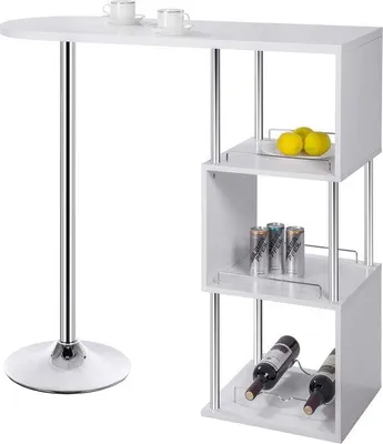Immagine prodotto di Tavolino da bistrot bianco a 3 ripiani con portabottiglie, 113x40x105 cm, in MDF e metallo