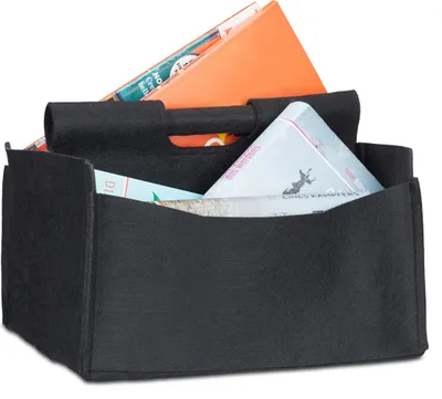 Produktbild von Relaxdays Zeitungskorb aus Filz, H x B x T: 22 x 32 x 29 cm, 2 Fächer, mit Griff, faltbarer Zeitungsständer, schwarz