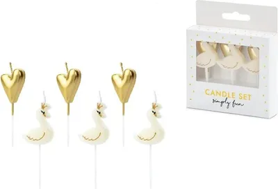Produktbild von Geburtstagkerzen Schwan / Herzen Mix 4cm, 6er Set weiß / gold