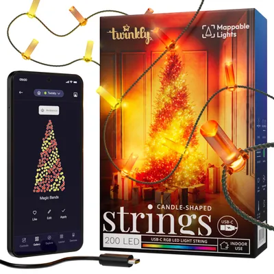 Productafbeelding van Twinkly Candies LED-verlichting voor kerstbomen, model TWKC200RGB-G, in de vorm van een kaars