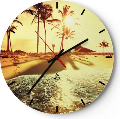 Produktbild von Wanduhr - Rund - Glasuhr - Strand Meer Palme - 40x40cm - Schleichendes Uhrwerk - Lautlos - zum Aufhängen bereit - Dekoration Modern - Wanddekoration aus Glas - C3AR40x40-3609