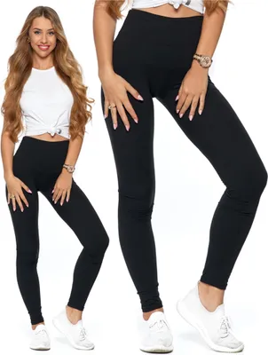A woman is shown wearing black leggings and a white top, with a close-up of the leggings shown next to her.