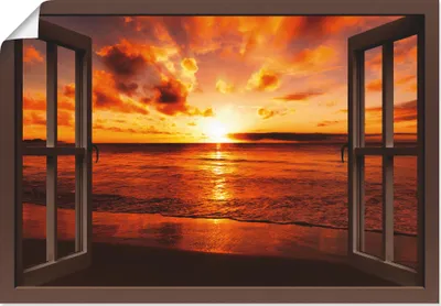 Produktbild von ARTland Poster Fensterblick Sonnenuntergang am Strand Größe: 100x70 cm