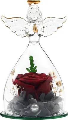 Immagine prodotto di Rosa eterna conservata Unyqoos® in cupola di vetro, con angelo in vetro, realizzata a mano, color rosso vino con decorazioni in perle, regalo per lei, 16,3 cm