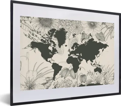 Produktbild von MuchoWow® MuchoWow® Gerahmtes Poster Weltkarte - Blumen - Grau 60x40 cm - Poster mit zchwarzem Bilderrahmen - Schlafzimmer - Plakat in Rahmen - Drucken