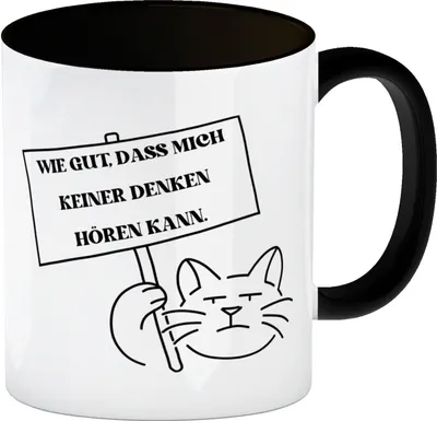Produktbild von Grummelige Katze Kaffeebecher in schwarz mit Spruch gut dass mich keiner denken