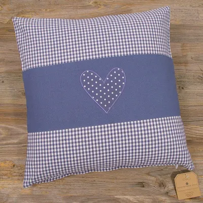 Imagen del producto de Funda de cojín de 40x40 cm, diseño de corazón, azul y blanco con lunares, de algodón