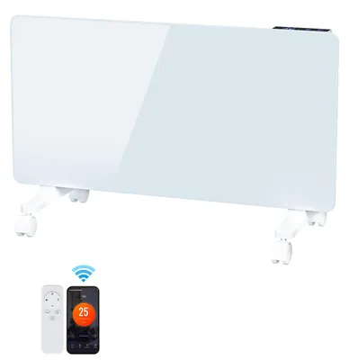 Obrázok produktu pre Eikuavons sklenený konvektorový ohrievač 2000W, biela farba, WiFi (Tuya Smart), diaľkové ovládanie, termostat (5–50 °C), možnosť montáže na stenu alebo na kolieskach, stupeň ochrany IP24