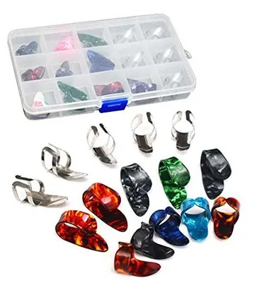 Imagen del producto de 15 púas para guitarra - Set de púas para dedos y pulgar - Ultras delgadas y ligeras - Caja de almacenamiento con 15 compartimentos - Duraderas y cómodas - ...