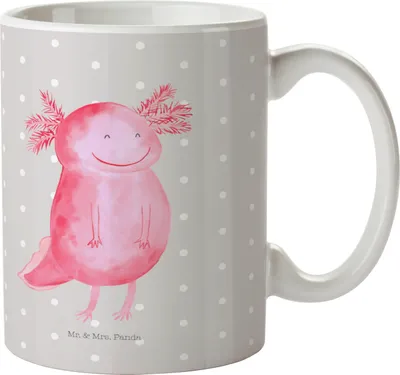 Produktbild von Mr. & Mrs. Panda Tasse Axolotl Glücklich - Grau Pastell - Geschenk, Teetasse, für kaffee, Schwanzlurch, Kaffeetasse, Bedruckte, Lebensfroh, gut Gelaunt, Pott, Lurch