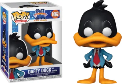 A Funko Pop! vinyl figure of Daffy Duck as Coach from Space Jam A New Legacy, shown in its packaging and also displayed outside of the box.