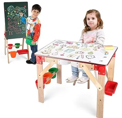 Produktbild von Arkmiido 2-in-1 Kindertafel aus Holz verstellbare Spiel-Tafel  zum Stehen, Malen und Zeichnen, mit magnetischem, doppelseitigem Whiteboard und Tafel für Kleinkinder, Jungen und Mädchen