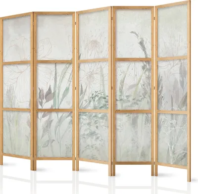 Produktbild von Paravent Blätter XXL 225x171 cm 5-teilig einseitig eleganter Sichtschutz Raumteiler Trennwand Raumtrenner Holz Design Motiv Deko Home Office Botanik Natur Wiese b-C-10247-bh-b