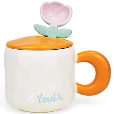 Productafbeelding van Koffiekopjes set met schotel, 450 ml, beige keramiek, tulpmotief