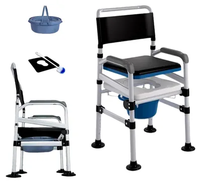 Produktbild von Medizinischer Toilettenstuhl, klappbar und höhenverstellbar mit Armlehnen, Eimer und Rückenlehne, rutschfest für Senioren, Schwangere und Menschen mit Behinderungen