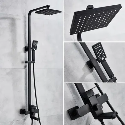 Produktbild von Duschset Badewanne - Wandmontierte Wannenarmatur mit Regendusche - 20 cm Kopfbrause - Handbrause - Einhebelmischer für Warm/Kaltwasser - Matt Schwarz A