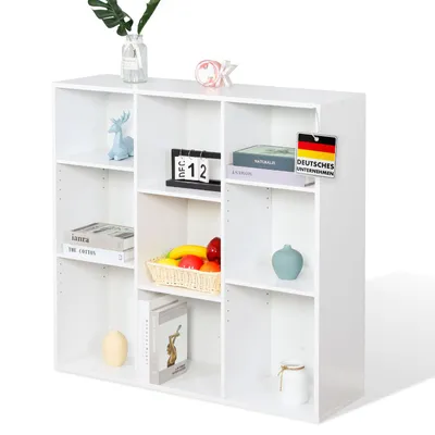 Produktbild von Bücherregal, Weißes MDF-Standregal mit 9 Fächern für Bücher und Wohnaccessoires, 97,7 x 30 x 97,7 cm, Regal weiß, Arkansas