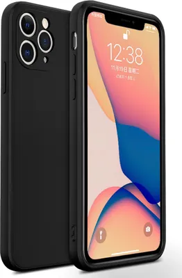 A black iPhone 11 Pro case is shown next to an iPhone 11 Pro with its screen on.