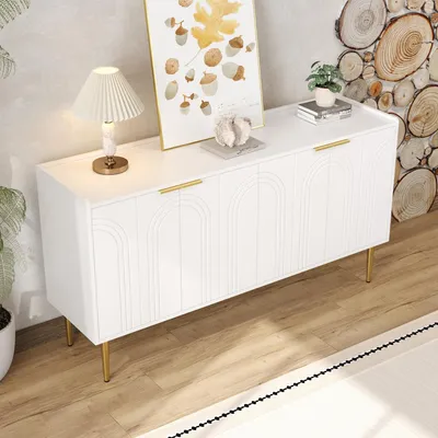 Obrázek produktu pro MODFU Elegantní Kuchyňská skříň se nastavitelnými policemi a čtyřmi dvířky, Kuchyňský regál, pozlacené kovové nohy, Bílá