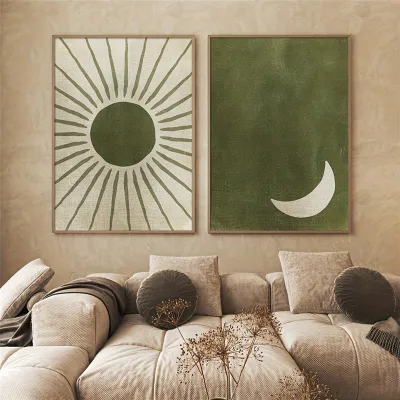 Imagen del producto de Decoración de pared: Póster con motivos de sol y luna en color verde, 30 x 40 cm, ideal para el salón