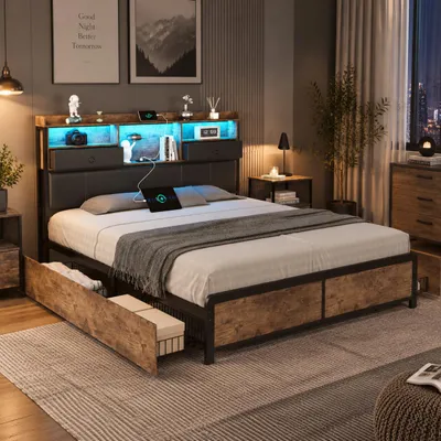 Obrázek produktu pro Postel INONEFT, rozměr 140x200 cm, čalouněná, s LED osvětlením a funkcí USB nabíjení, kovová konstrukce se 4 zásuvkami, dvojlůžko s čelem a úložným prostorem, potah z PU, barva černá