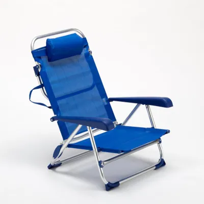 A blue folding beach chair with a silver aluminum frame, shown against a white background.