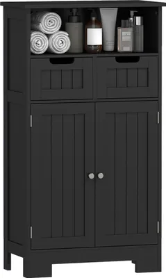 Image de kleankin Meuble de salle de bain, meuble de rangement avec niche, placard avec porte, 2 tiroirs, étagère réglable, armoire de salle de bain, salon, cuisine, 60 x 30 x 109 cm, noir
