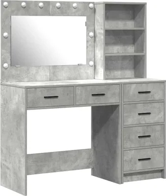 A vanity table with a mirror and shelves, presented against a white background.