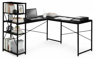 Produktbild von Eckschreibtisch mit 4 Ablagen, MDF und Metall, Schwarz