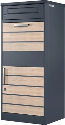 A tall, dark gray parcel mailbox with wooden-effect panels and a silver handle and lock.