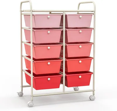 Produktbild von Rollwagen mit 10 Schubladen stapelbar, Schubladenwagen Badrollwagen Küchenwagen mit feststellbaren Rollen, Aufbewahrungswagen Haushaltswagen für Küche Bad Büro 65,5x37x87cm Rosa