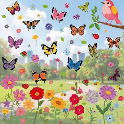 Produktbild von Aquarell Fensterbilder Frühling Sommer,8 Blatt Selbstklebend Fensterbilder Blumen Vogel Schmetterling Wiederverwendbar Fenstersticker Selbstklebend Fenster Aufkleber Deko für Fensterdeko Kinderzimmer