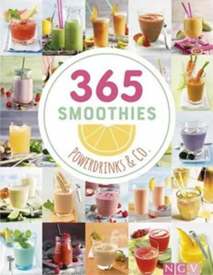 A collage of various smoothies and drinks, with a central circular graphic containing the title.
