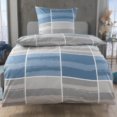 Produktbild von Malika Baumwoll-Bettwäsche 2-teilig, 135 × 200 + 80 × 80 cm, Blau-Grau kariert