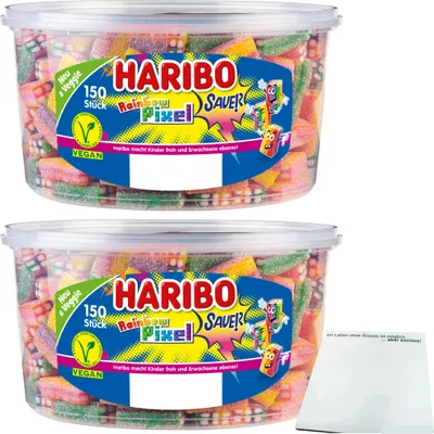 Produktbild von Haribo Rainbow Pixel Sauer, 150Stk 2er Pack (2x1,2kg Runddose) + usy Block