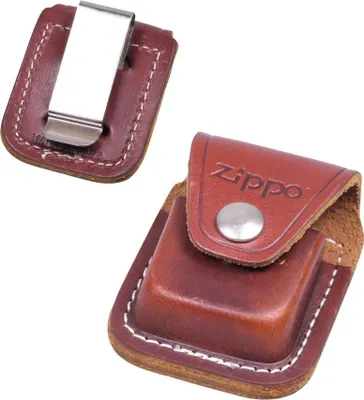 Two brown leather Zippo pouches, one with a metal clip attached.