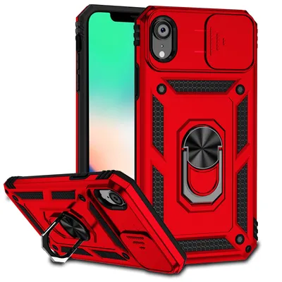 Obrázek produktu pro Pouzdro pro iPhone XR dvouvrstvé pouzdro s posuvným krytem kamery a prstencovým stojánkem červené