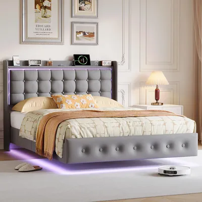 Image de Lit double ProximaX 160 x 200 cm, velours gris, avec éclairage LED RGB, station de recharge USB et tête de lit capitonnée