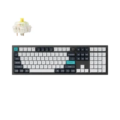 A mechanical keyboard and a keyboard switch are shown against a white background.