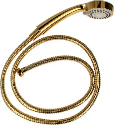 A gold-colored hand shower with a flexible hose, presented against a white background.