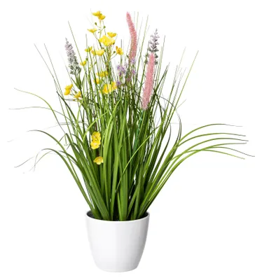 Produktbild von CREATIV green künstlicher Blüten-Gras-Mix im Topf 46cm, künstliches Dekogras mit grün-bunt Blüten als Frühlingsdeko